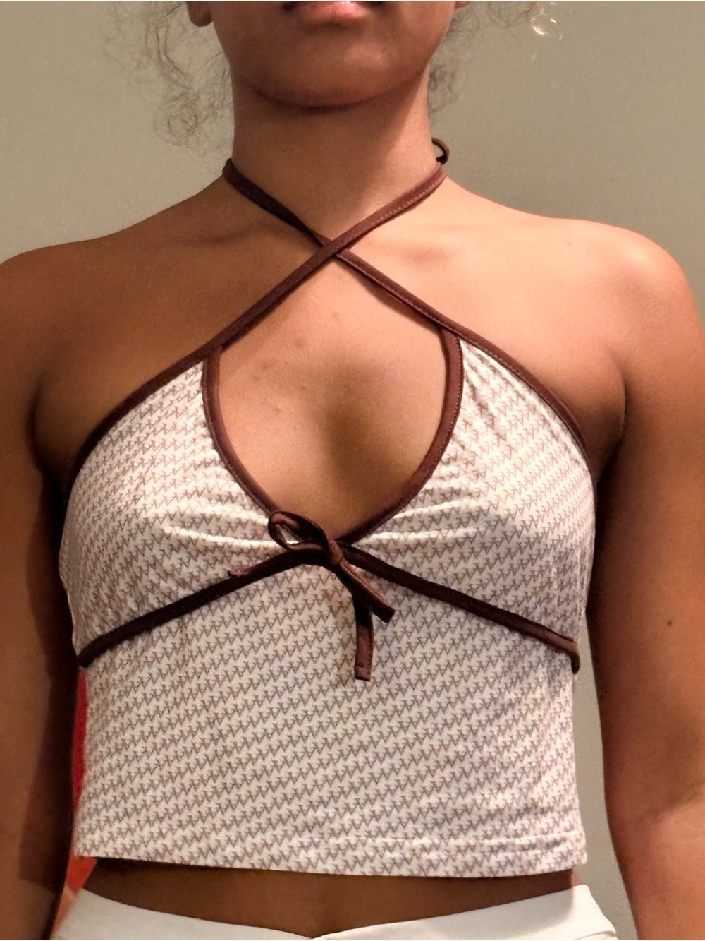 White Houndstooth Halter Bikini Top with Brown Trim